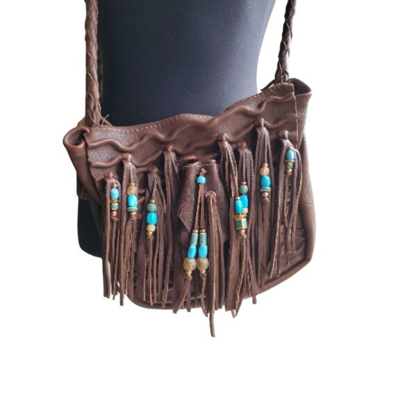 Soft Brown Leather Shoulder Bag Fringe Purse Boho Western Handbag Turquoise SW - Picture 12 of 13